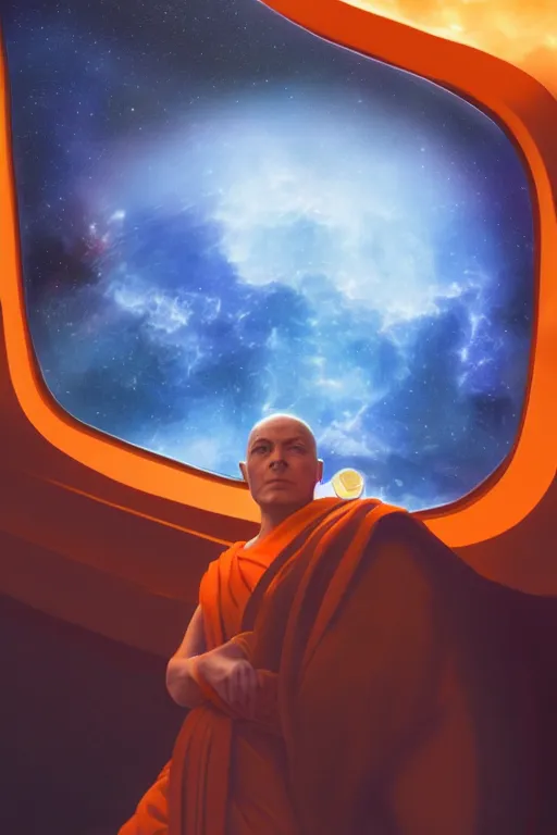 Prompt: portrait of a monk in a spaceship, window, nebula, orange robe, dramatic lighting, artstation, matte painting, ralph mcquarrie