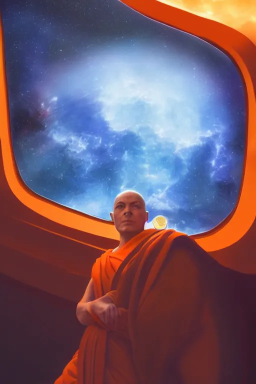 Image similar to portrait of a monk in a spaceship, window, nebula, orange robe, dramatic lighting, artstation, matte painting, ralph mcquarrie