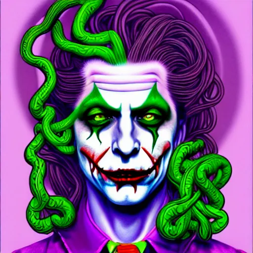 Image similar to an extremely psychedelic portrait of medusa as the joker, surreal, lsd, face, detailed, intricate, elegant, lithe, highly detailed, digital painting, artstation, concept art, smooth, sharp focus, illustration