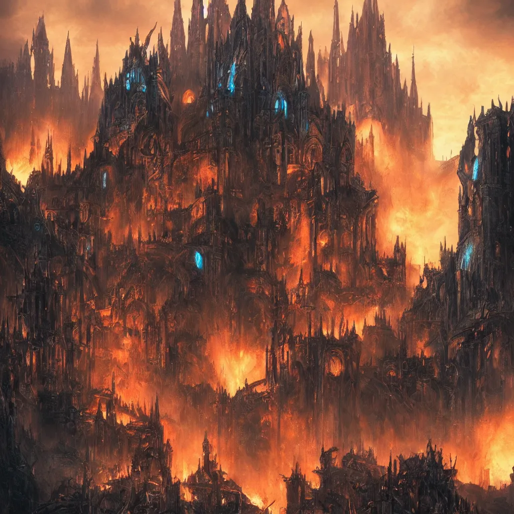 Prompt: epic battlefield. medieval. epic fantasy cathedral castle. denis villeneuve. hr giger. night. glowing light. orange and teal. artstation trending. destruction. final battle. epic fantasy film. high fantasy. highly detailed. fine details.