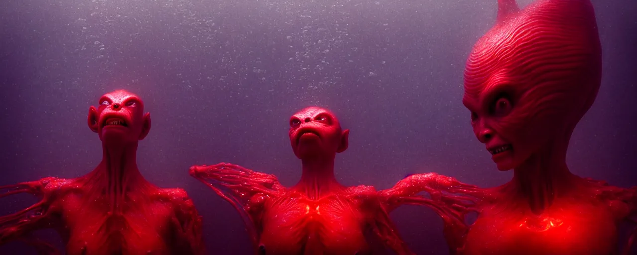 Image similar to ultra realistic horror photo of a dimly lit red female alien creature underwater, very intricate details, focus, full frame image, curvy, model pose, artwork by tooth wu and wlop and beeple and greg rutkowski, award winning