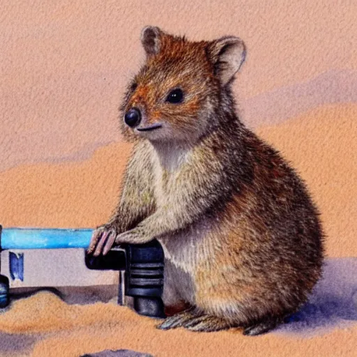 Prompt: a quokka using a metal detector on the beach, realistic watercolour