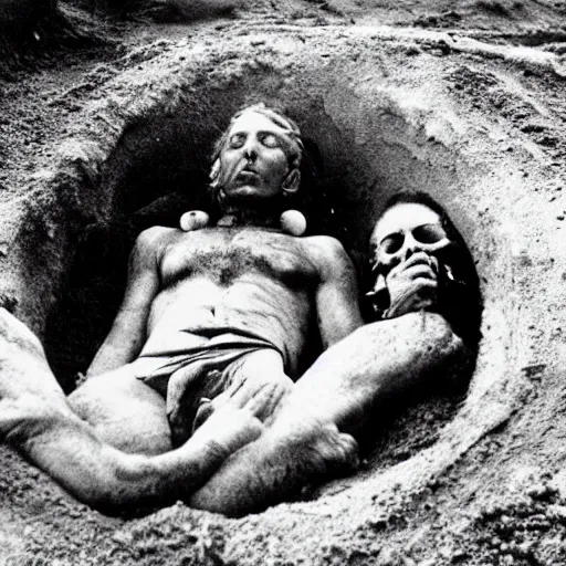 Image similar to a person laying in a huge hole. their body twisted unnaturally. ap photograph 1 9 7 5