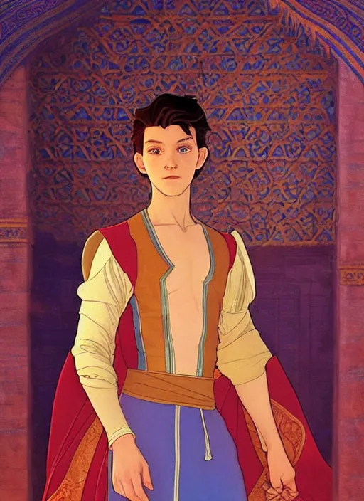 Prompt: skinny young tom holland as prince ali ababwa in the sultan's palace, cinematic lighting, path traced, highly detailed, high quality, beautiful painting, by don bluth and ross tran and studio ghibli and alphonse mucha, artgerm