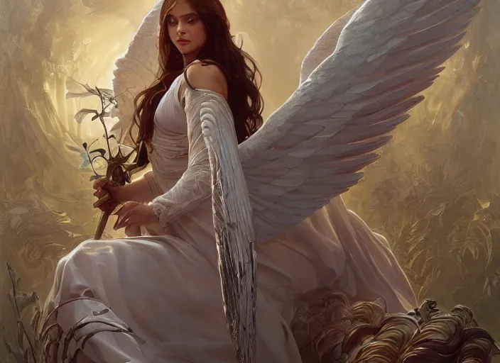 Image similar to beautiful angel, full body, d & d, fantasy, intricate, elegant, highly detailed, digital painting, artstation, concept art, smooth, sharp focus, illustration, art by artgerm and greg rutkowski and alphonse mucha