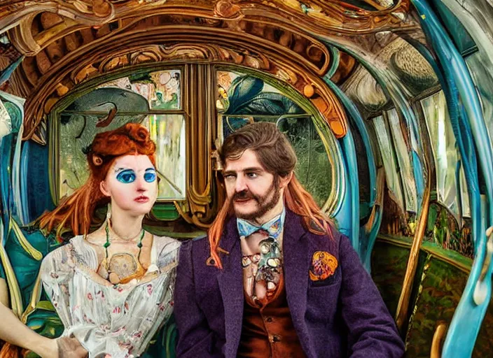 Image similar to incredibly beautiful breathtakingly detailed colour art nouveau photograph double portrait of an amazingly cool odd characterful couple sat down, in the inside of the beautiful underwater train to atlantis, full of crowds of people sat down wearing unusual clothes, each individual face amazingly detailed with lifelike expressions, ultra wide angle, 4 k