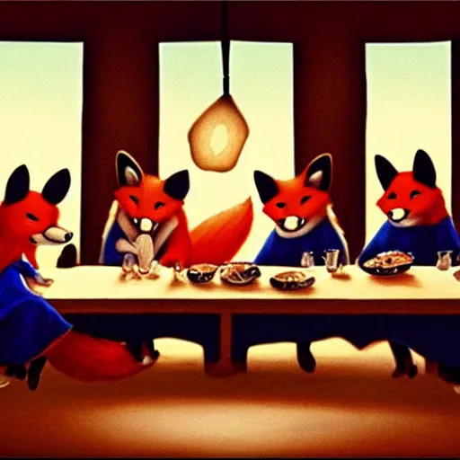 Prompt: foxes in the last supper painting, cute, disney, furry, dramatic lighting, award winning