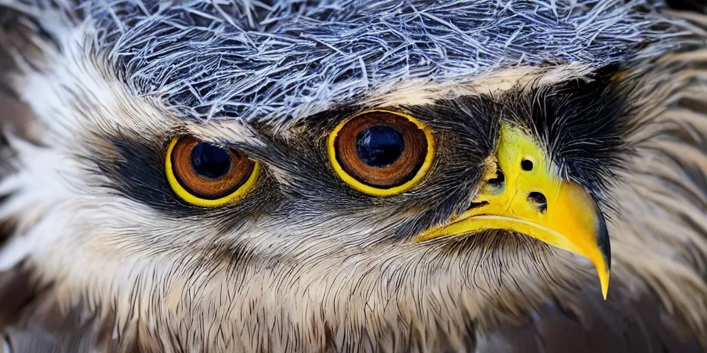 Image similar to scenic photo of a bird of prey, covered in feathers. focus on the beak. intricate eyes. extremely large wings. extreme detail, hyperrealistic photo