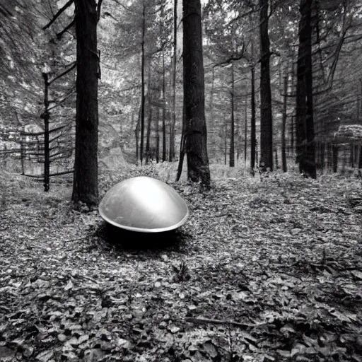 Image similar to a crashed ufo in the forest, black and white photo