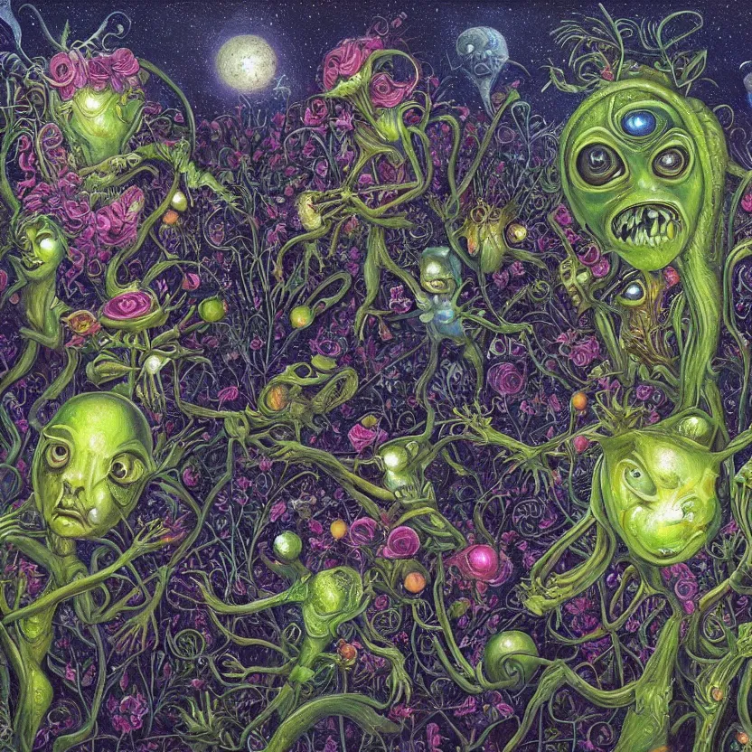 Image similar to painting of aliens in a garden at night by hannah yata and r. s. connett.