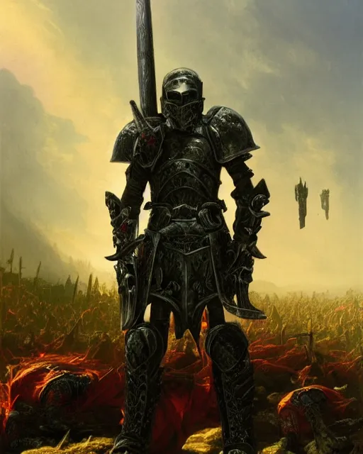 Image similar to a heavily armoured death knight standing in a battlefield of fallen warriors, by thomas cole and wayne barlowe