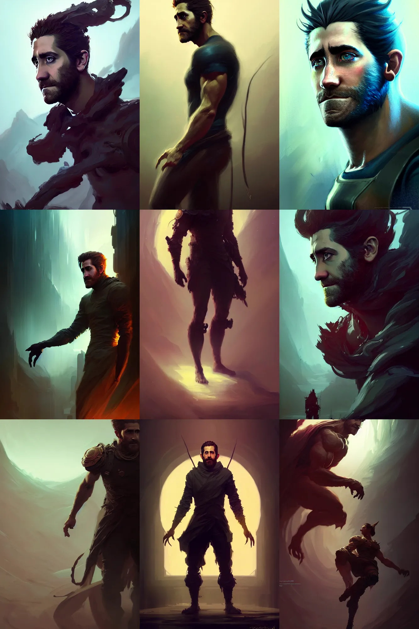 Prompt: portrait of jake gyllenhaal standing with a dramatic pose, by wlop, greg rutkowski, and peter mohrbacher, extremely detailed shading, concept art, character design, digital painting, trending on artstation, unreal engine 5, octane render, atmosphere, glow, cinematic lighting, full of color