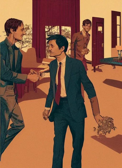 Prompt: portrait of Mads Mikkelsen and Hugh Dancy holding hands romantically as they chaperone school dance by Michael Whelan, Bob Larkin and Tomer Hanuka, simple illustration, domestic, nostalgic, clean, Matte painting, trending on artstation and unreal engine, New Yorker magazine cover, 1980s romance book cover