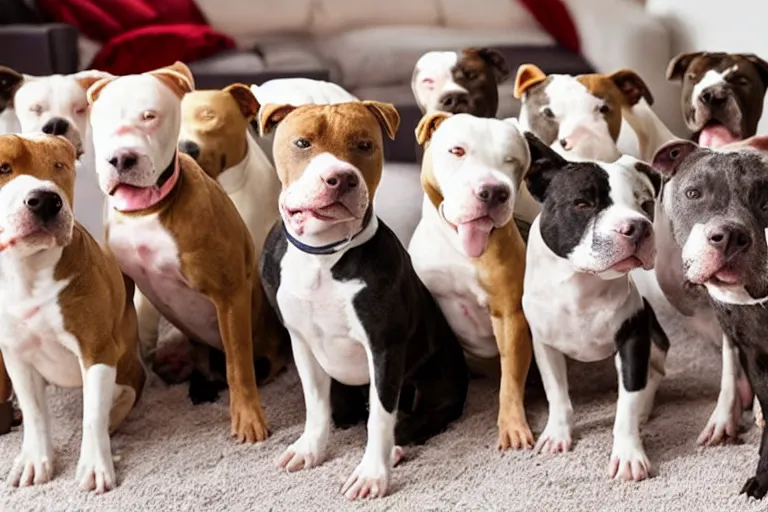 Image similar to a living room full of pit bulls that are facing directly into the camera