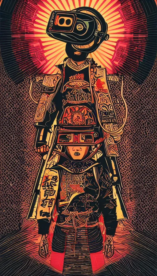 Image similar to Illustrated by Shepard Fairey and H.R. Geiger | Cyberpunk Samurai with VR helmet, surrounded by cables