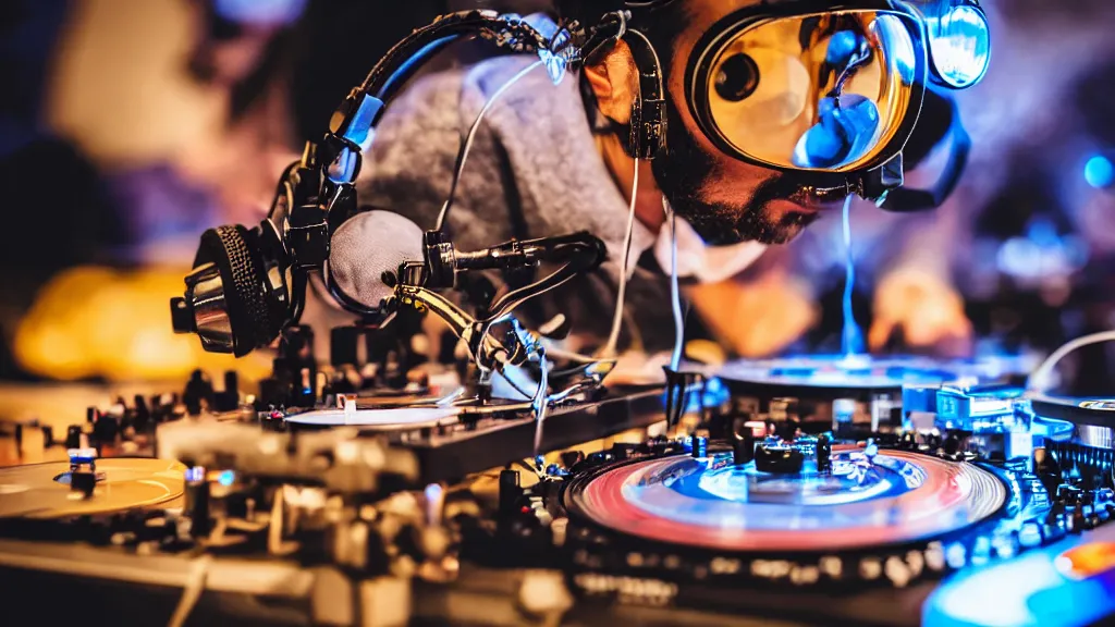 Image similar to a person wearing goggles and visor and headphones using a steampunk record player contraption, wires and tubes, turntablism dj scratching, intricate planetary gears, cinematic, imax, sharp focus, leds, bokeh, iridescent, black light, fog machine, hazy, lasers