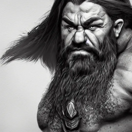 Image similar to photorealistic portrait of a dwarf with a large beard, muscular build, tough, highly detailed trending on artstation, photo, medieval, big muscles, fantasy, intricate details, dramatic, cinematic