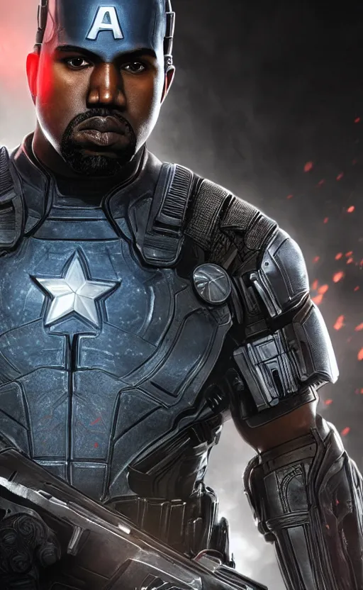 Prompt: Portrait of Kanye West as captain america in Gears of War, splash art, movie still, cinematic lighting, dramatic, octane render, long lens, shallow depth of field, bokeh, anamorphic lens flare, 8k, hyper detailed, 35mm film grain