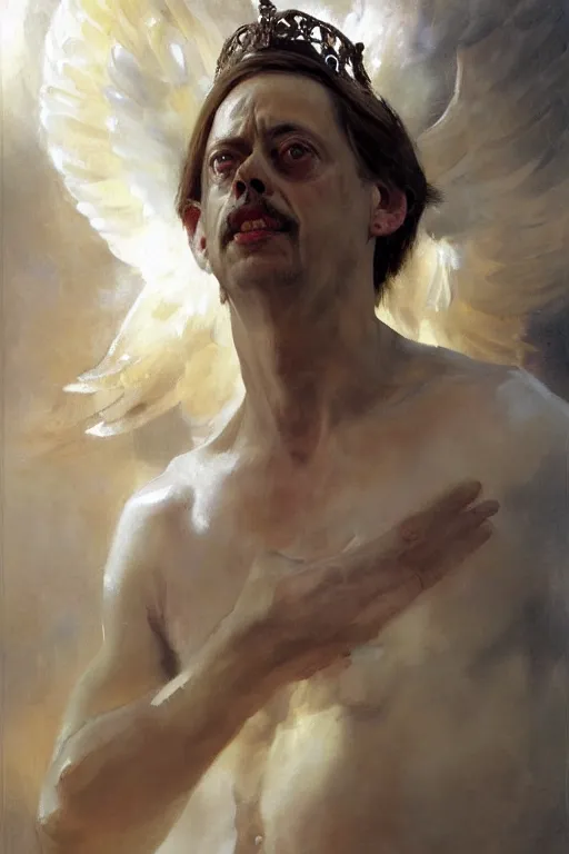 Image similar to beautiful detailed expressive impressionistic oil painting portrait of ancient roman god emperor steve buscemi levitating in angelic pose wearing the civic crown, art by anders zorn, wonderful masterpiece by greg rutkowski, expressive brush strokes, beautiful cinematic light, american romanticism by greg manchess, jessica rossier