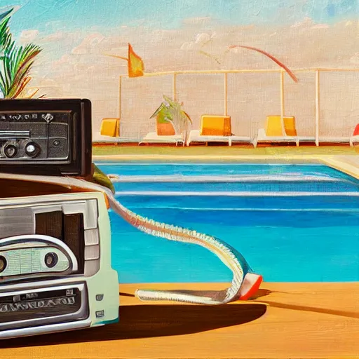 Prompt: A vintage cassette player next to the edge of a pool with a cocktail next to it, oil-on-canvas