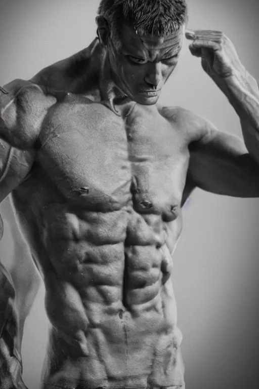 Image similar to a single muscular man wearing torn clothes, looking to the right, profile picture, hyperrealistic, concept art, octane render, unreal engine 5, trending on artstation, high quality, highly detailed, 8 k, dramatic lighting, cinematic, high coherence, anatomically correct, five fingers, digital art, seductive, black and white, big beard