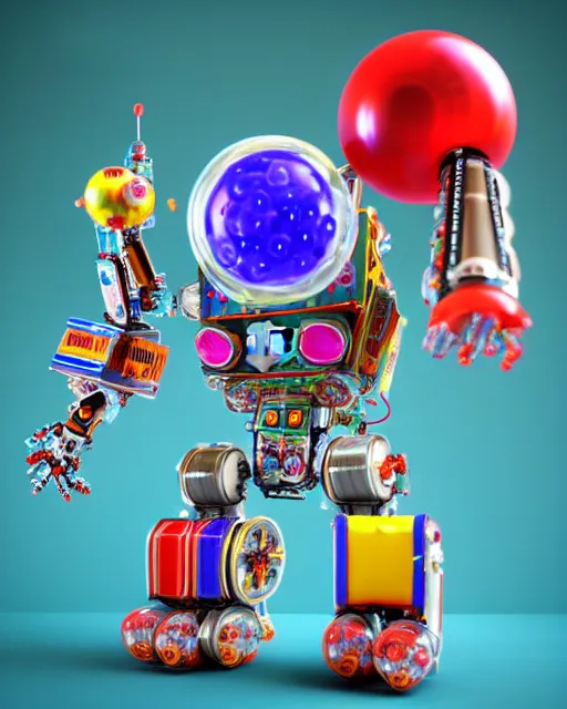 Image similar to cute elaborate epic robot made from candy and pinball machine parts in a crowded city made of arcade machines and buildings made of candy, symmetrical, bubbles everywhere, video game consoles, colored wires, translucent, clear parts, detailed by pokedstudio, rendered in blender, 3 d models