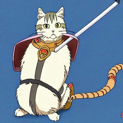 Image similar to anime key visual of hayao miyazaki studio ghibli, short - hair tabby cat wearing samurai armor