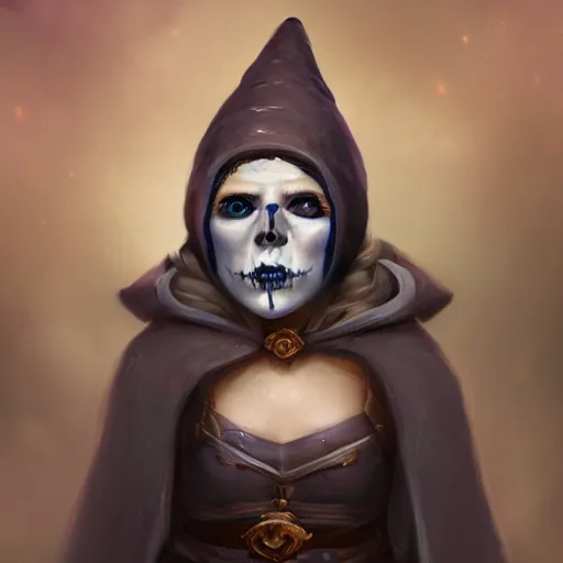 Prompt: portrait of a beautiful female gnome, skull facepaint, dark robes, moonlight, D&D, sharp focus, concept art, realistic, cinematic lighting, fantasy digital painting