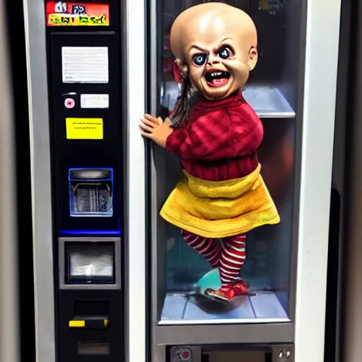 Image similar to tiny screaming chucky doll climbing out of a vending machine