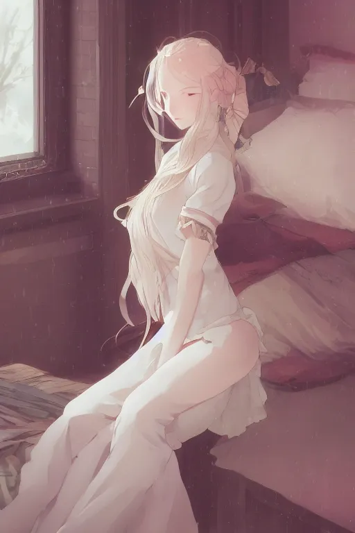 Image similar to a girl in a maid's outfit in the bedroom a night, raining outside the window, wavy white long hair, by krenz cushart and mucha and akihito yoshida and greg rutkowski and makoto shinkai, detailed eyes, 4 k resolution