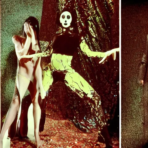 Image similar to 3 5 mm color photography, joel - peter witkin, beksinski, and stephen gammell, vogue shoot video still of giallo fashion show