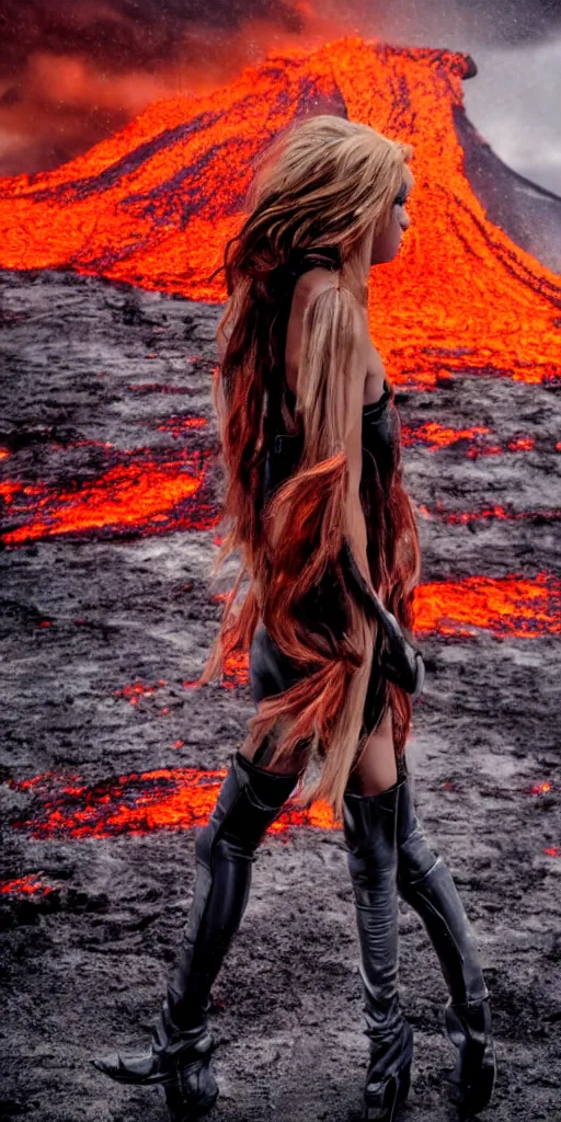 Prompt: volcano eruption apocalyptic scene with a long haired flowing blonde cyber girl futuristic runway rick owens bladerunner stormy weather high detailed photography result