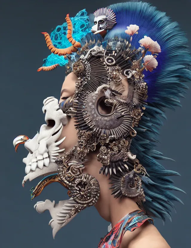 Image similar to 3 d goddess close - up profile portrait punk with mohawk with ram skull. beautiful intricately detailed japanese crow kitsune mask and clasical japanese kimono. betta fish, jellyfish phoenix, bio luminescent, plasma, ice, water, wind, creature, artwork by tooth wu and wlop and beeple and greg rutkowski