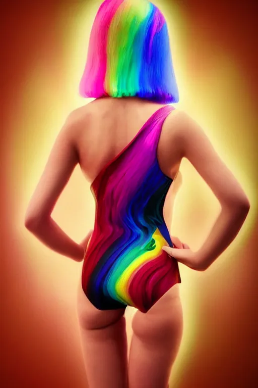 Prompt: beautiful elegant full body portrait of a rainbow hair woman wearing a sparkling cherry color one piece swimsuit, pixie haircut wlop, artgerm, artstation, backlit, marble background