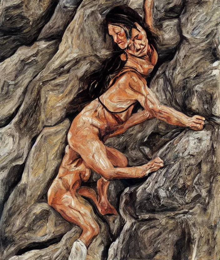 Image similar to indigenous woman climbing rocks, painted by lucian freud, hd, super detailed, realistic, muted colors