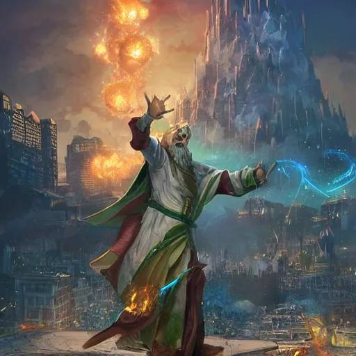 Prompt: a wizard that looks like an average person destroying a city with magic while laughing and flying, high quality digital art trending on artstation
