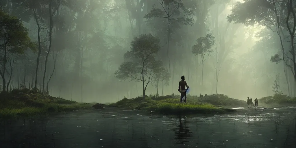 Image similar to an adventurer walking along the river bank in a kerala forest, an epic fantasy, dramatic lighting, cinematic, extremely high detail, photorealistic, cinematic lighting, matte painting, artstation, by simon stalenhag, horizon forbidden west