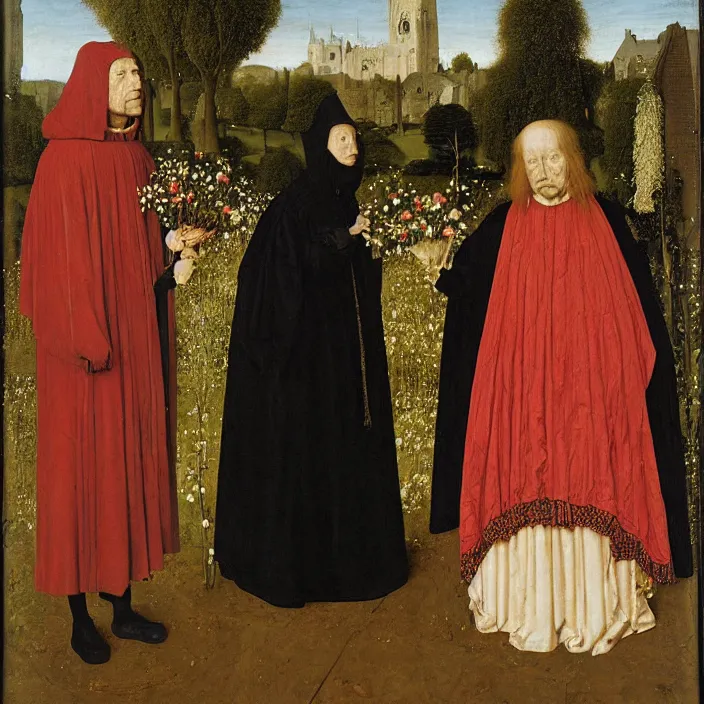 Prompt: a woman wearing a hooded cloak made of flowers, standing next to a creepy old man, by Jan van Eyck