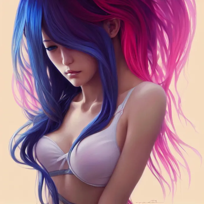 Prompt: full body portrait, a beautiful symmetrical gorgeous anime girl, rainbow hair, attractive, casual, modern, victoria's secret, highly detailed, digital painting, artstation, concept art, smooth, sharp focus, illustration, art by artgerm, greg rutkowski and alphonse mucha, 8 k,