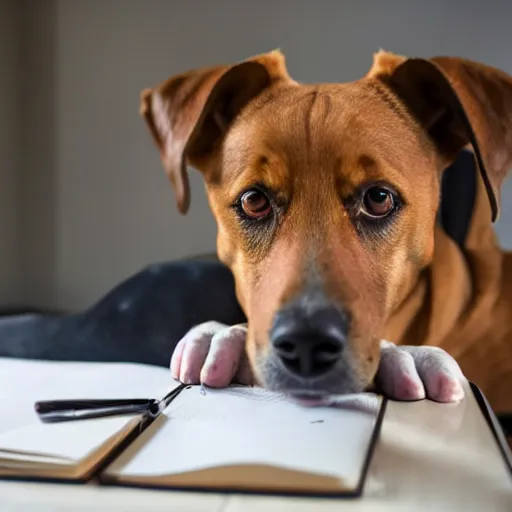 Image similar to a photo of a dog studying for an exam