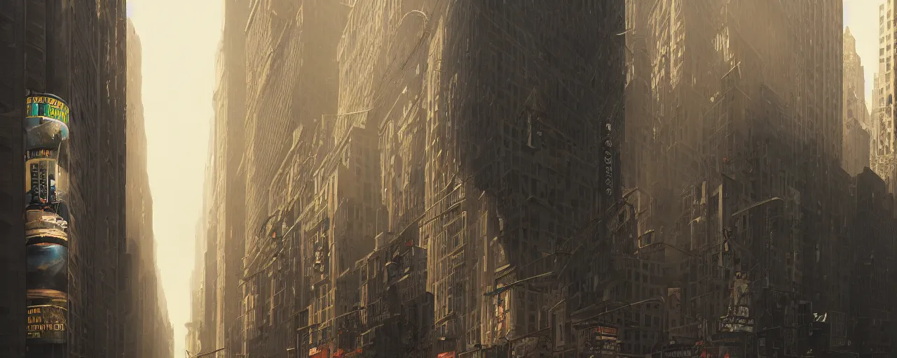 Prompt: new york city block. 8 5 mm, architecture. cinematic lighting. trending on artstation. cgsociety. art by greg rutkowski and william o'connor