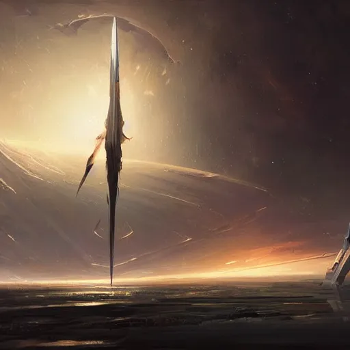 Image similar to concept art of a large space vessel in the shape of an spear by greg rutkowski