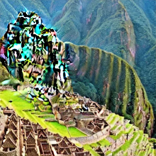 Image similar to ufo flying over machu picchu, photo, 8 k,