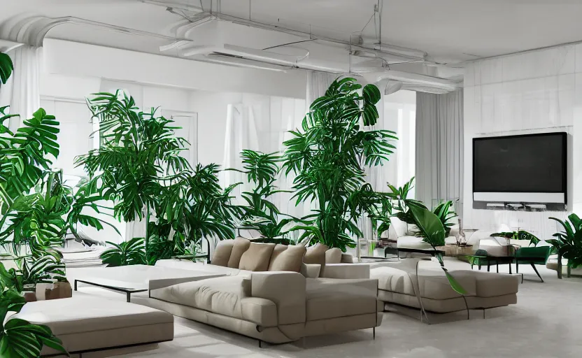 Prompt: empty room architecturaldigest interior, big widescren tv screen in the middle, tropical indoor plants, open shiny floor, v - ray render, high contras