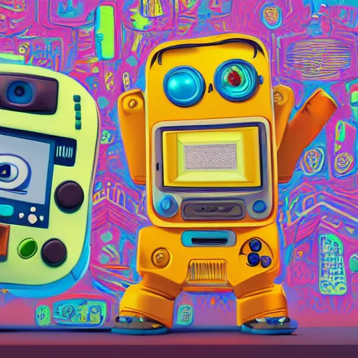 Image similar to two small chubby bots, hyperdetailed colourful graffiti on surface, smooth scratched panelling, intricate detail, holding a battery, single eye, cute, intricate arms, antenna, floating, white studio, cute mechanical toy, gameboy advanced, ambient light, in the style of pixar animation poster, pokedstudios, blender, octane render, 8 k,