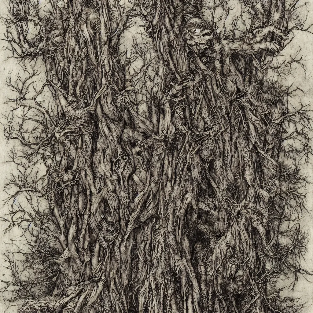 Image similar to leshen from wither 3, dark atmosphere, faded out colors, highly detailed muted colors, highly detailed illustration by albrecht durer, fine art sketch