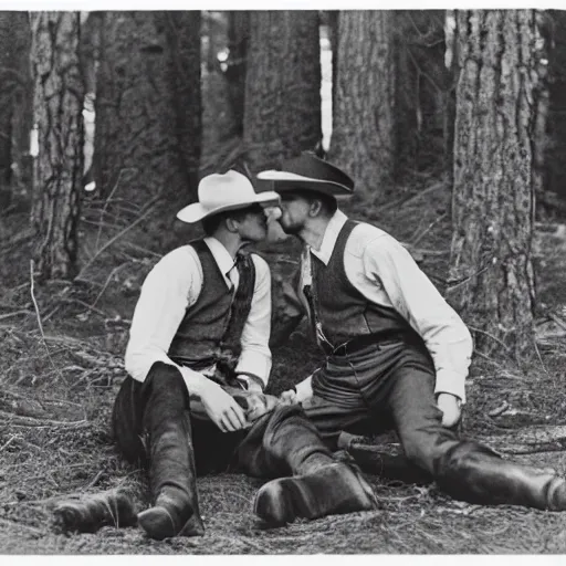 Prompt: two cowboys kissing on a camp in the woods, vintage photography