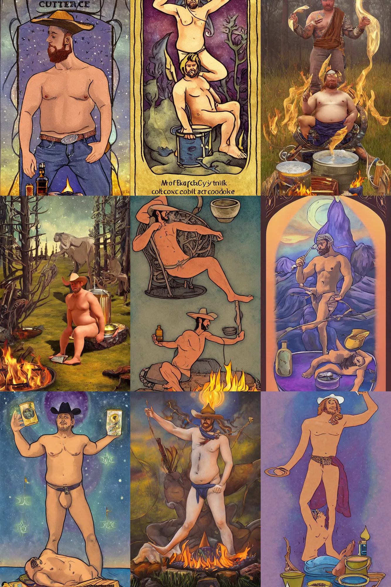 Prompt: an ethereal tarot card painting of a shirtless handsome goofy cowboy with a chubby build and belly | recumbent | background is a serene campfire | tin cans and jugs of whisky | tarot card, art deco, art nouveau | by Mark Maggiori | trending on artstation