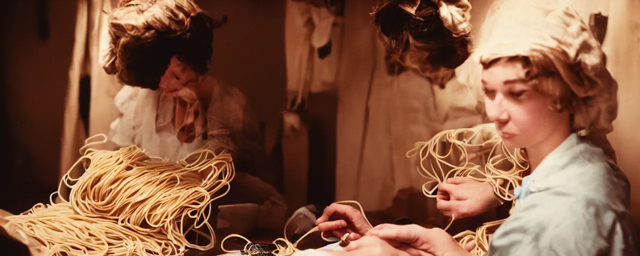 Image similar to a seamstress sewing a dress made of spaghetti, high detailed face, canon 5 0 mm, cinematic lighting, photography, retro, film, kodachrome, closeup