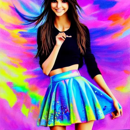 Image similar to victoria justice wearing both shirt and skirt, ultra detailed painting at 1 6 k resolution and epic visuals. epically surreally beautiful image. amazing effect, image looks crazily crisp as far as it's visual fidelity goes, absolutely outstanding. vivid clarity. ultra. iridescent. mind - breaking. mega - beautiful pencil shadowing. beautiful face. ultra high definition.